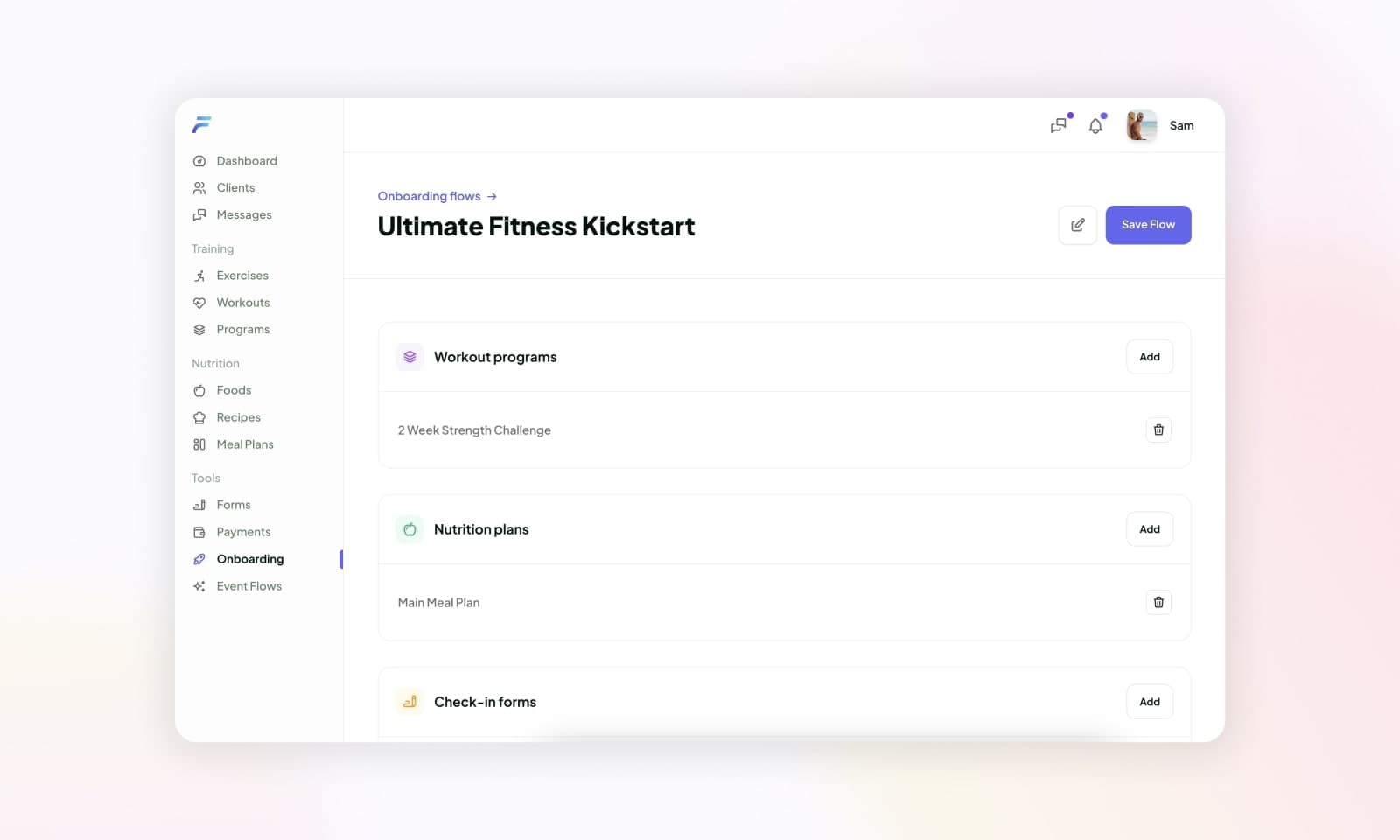 An onboarding flow with a workout program, nutrition plan, and check-in form