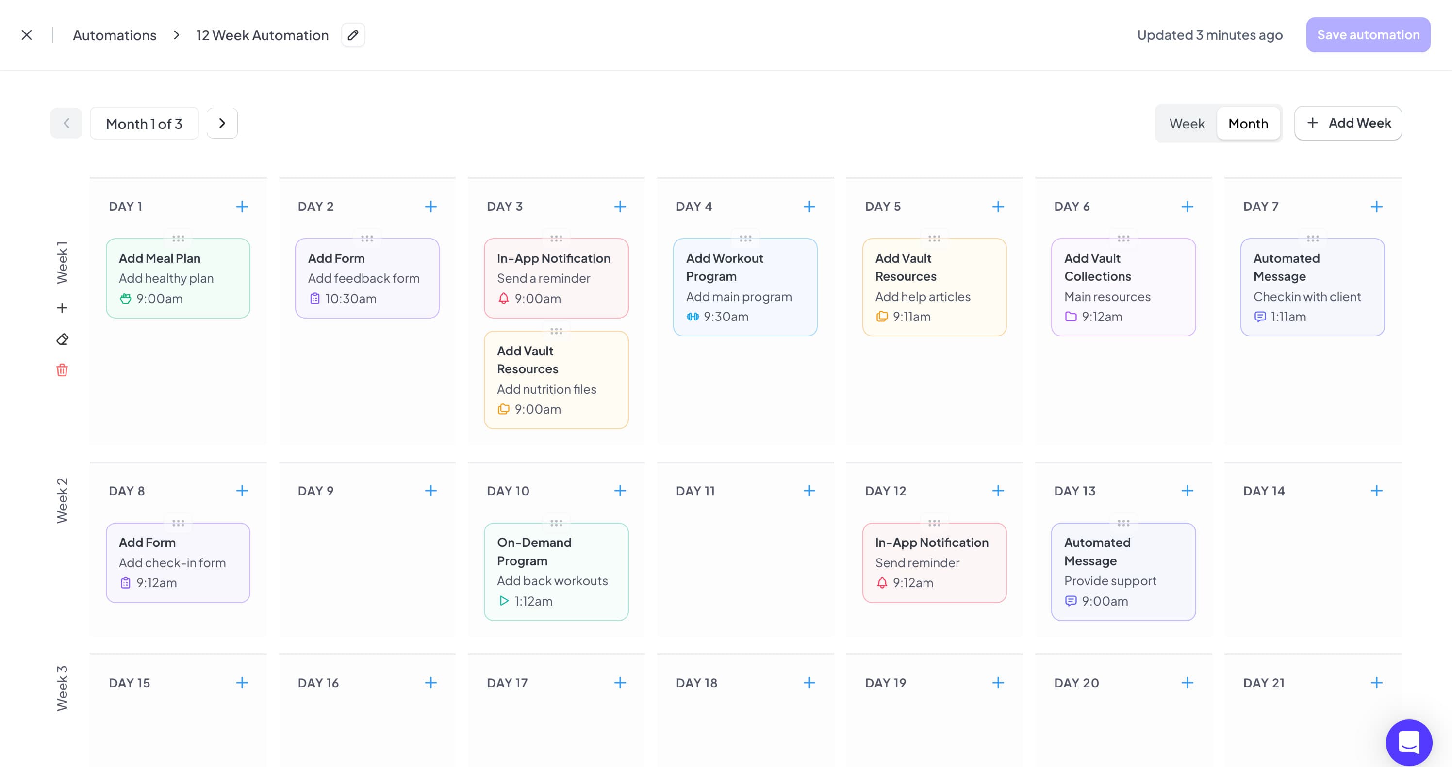 Fitsly automations dashboard showing active workflows and scheduled events