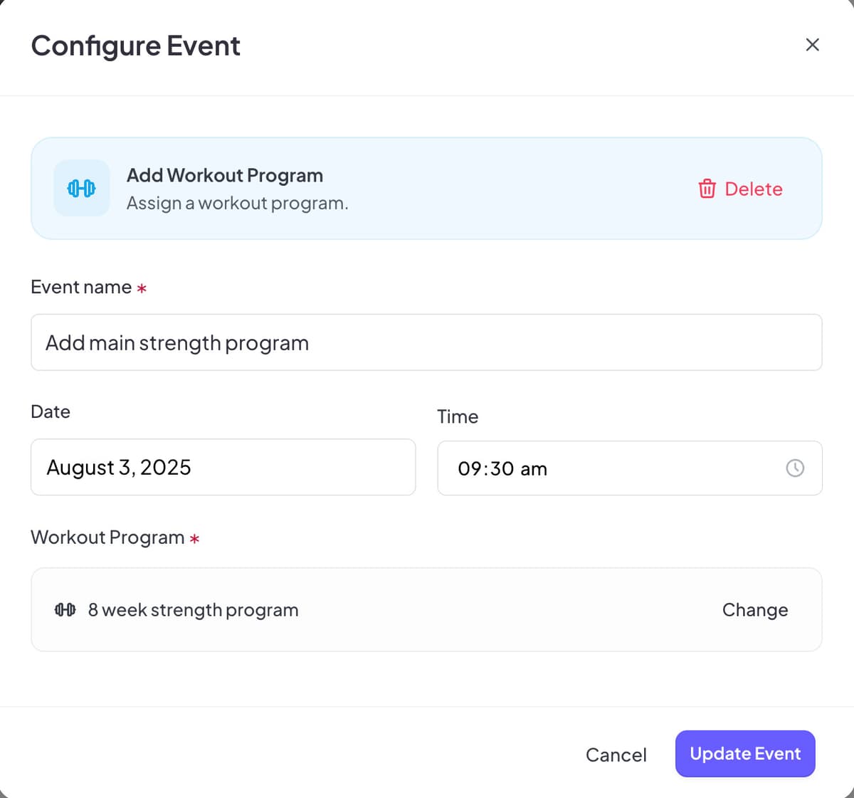 Event configuration interface showing date and time selection