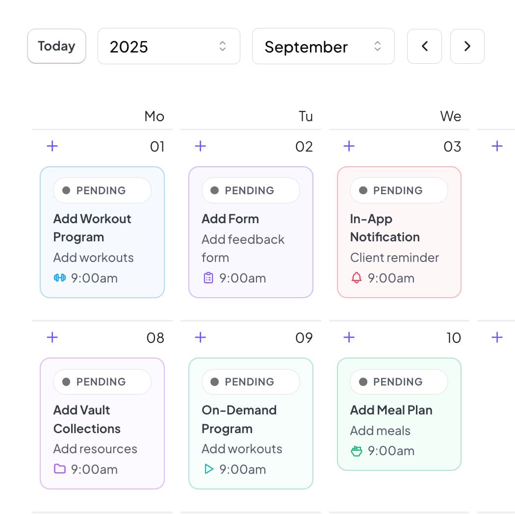 Client calendar showing scheduled automation events with completion status