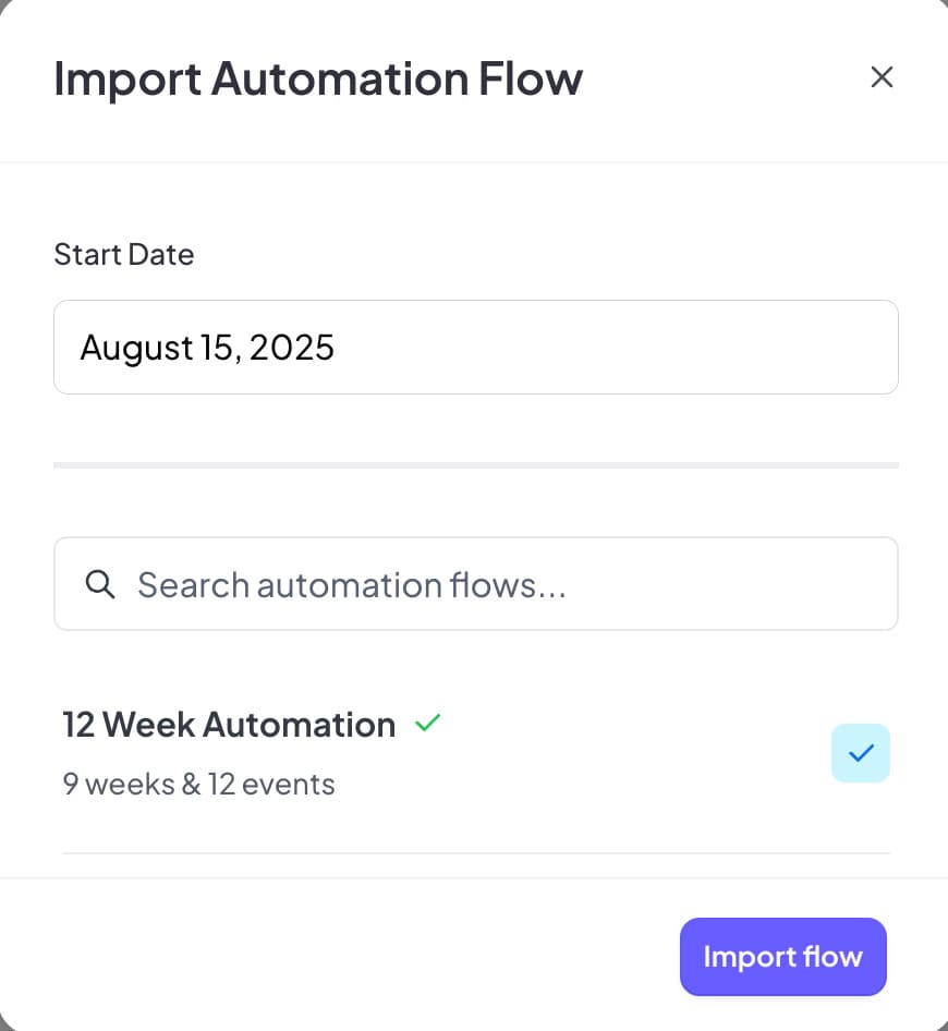 Import automation template interface with start date selection