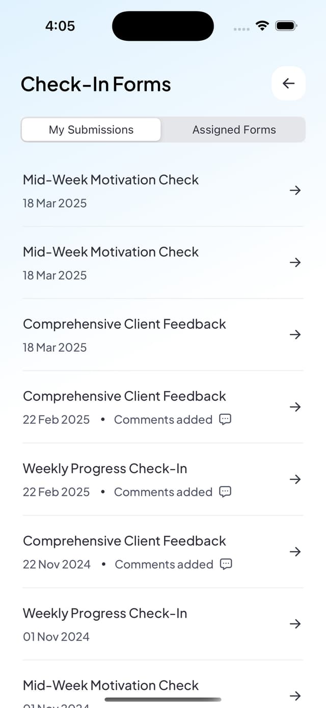 Client viewing list of assigned forms