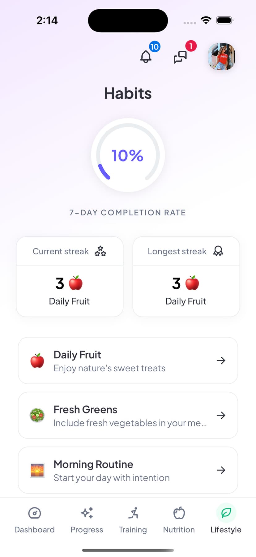 Client view showing assigned habits with progress indicators