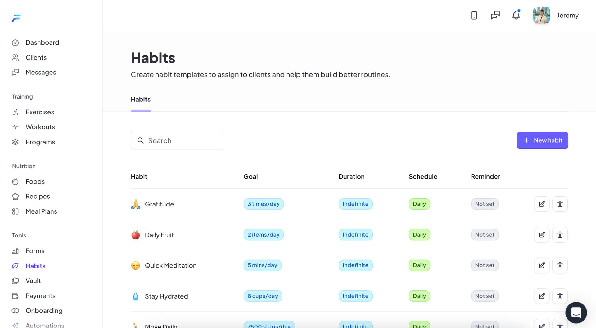 Habit management dashboard showing custom habits with goals and schedules