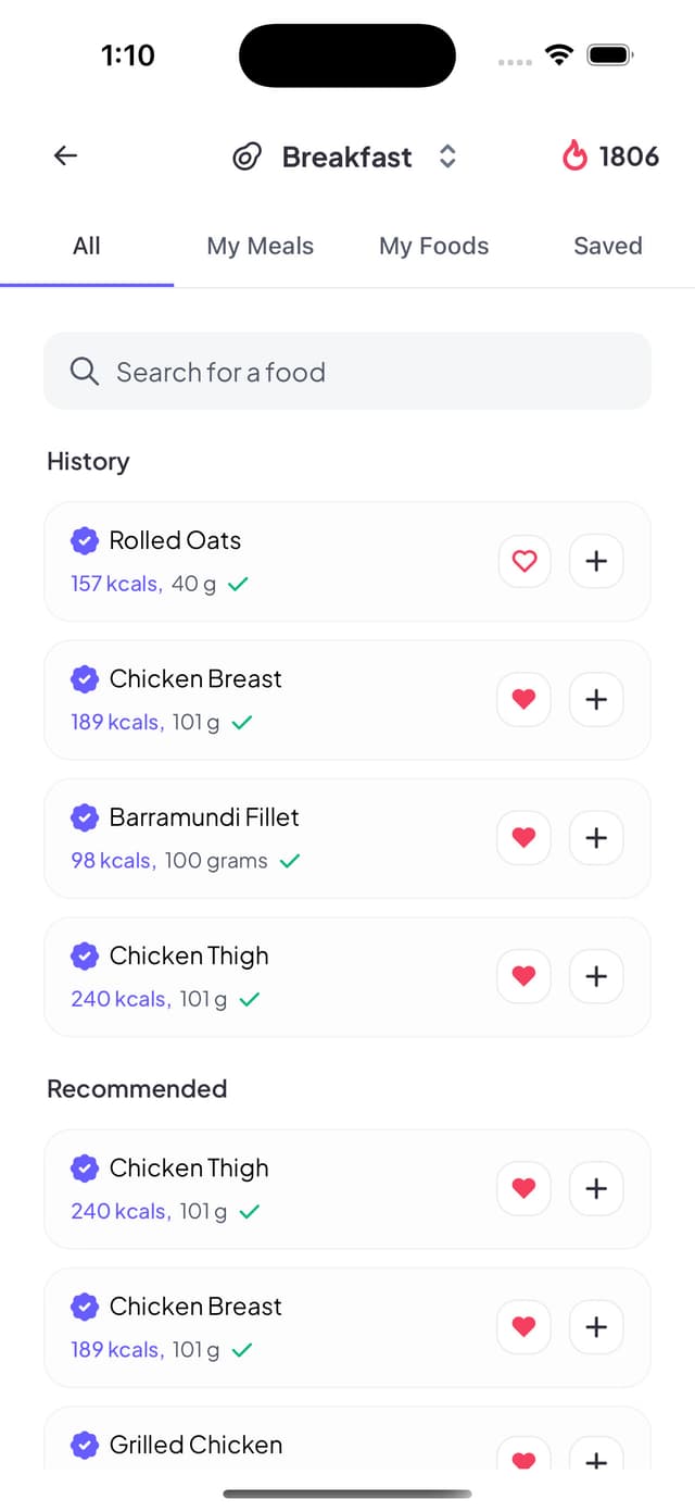 Food logging interface with meal categories