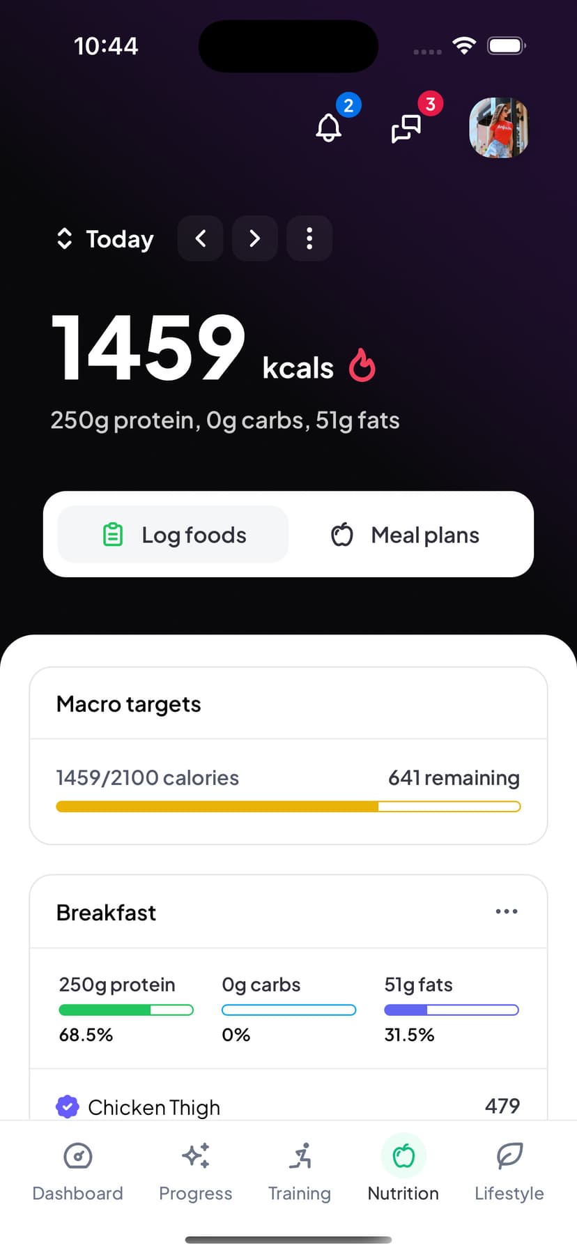 Client viewing automatically assigned meal plans