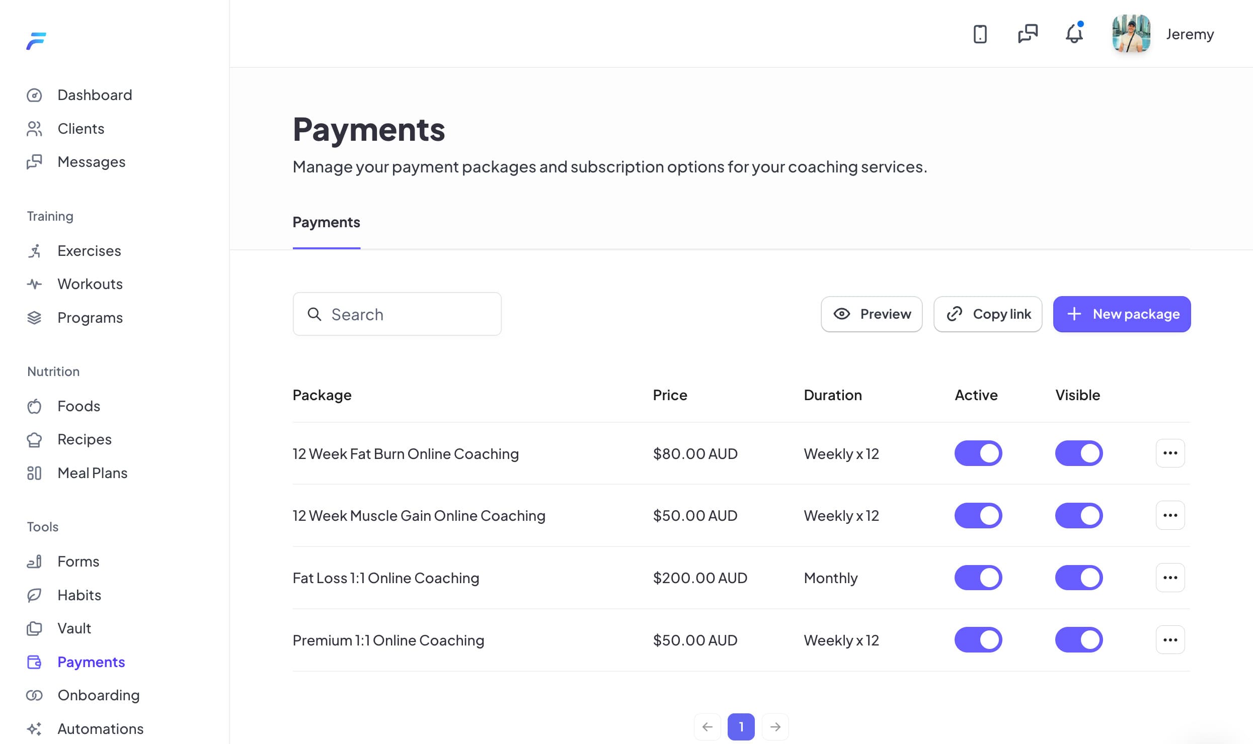 Fitsly payment packages dashboard showing active subscriptions and pricing plans