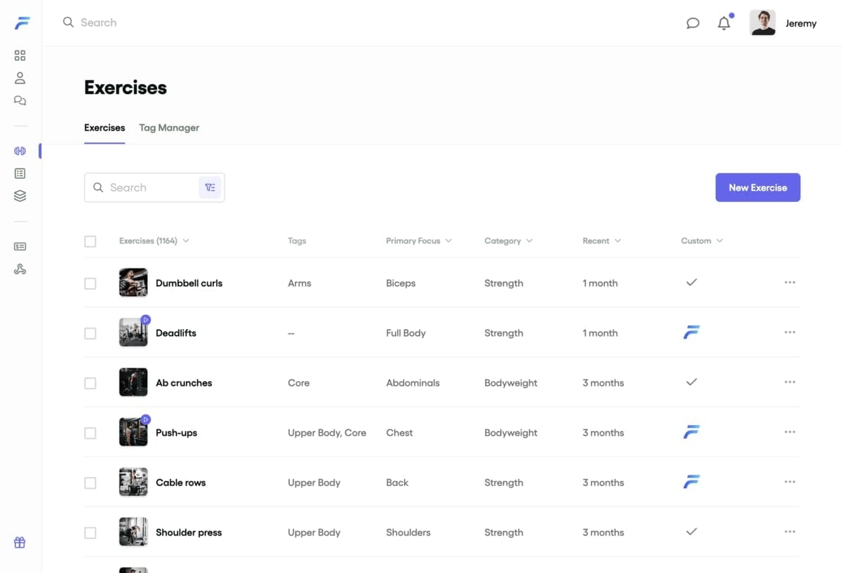 Exercise library dashboard