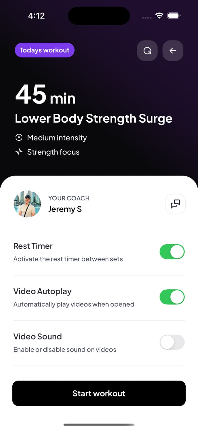 Workout preview showing exercise list and sets