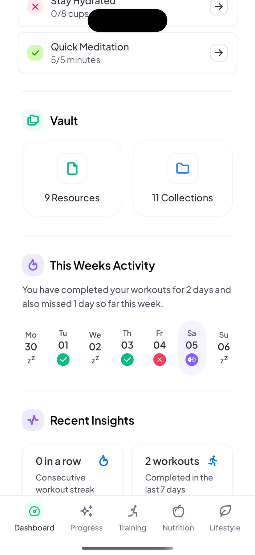 Client dashboard showing vault access and recent resources