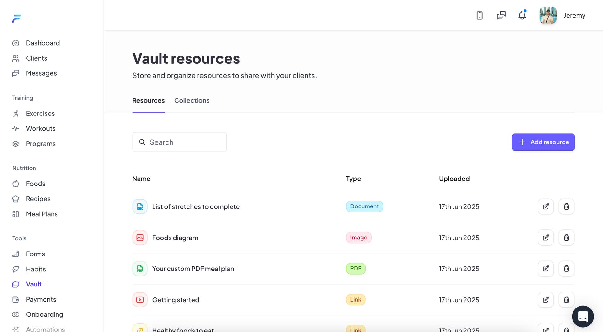 Resource management interface showing uploaded files