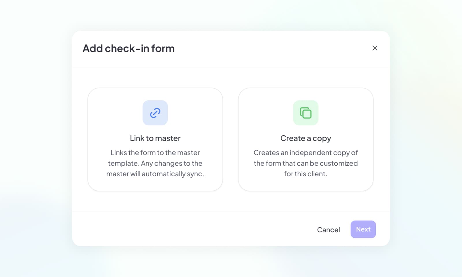 Form linking options showing Link to Master and Create a Copy