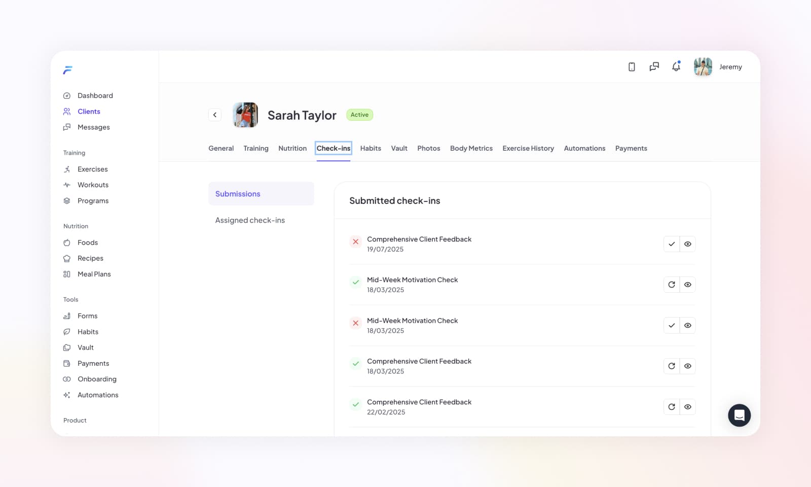 The clients completed check-in form submissions