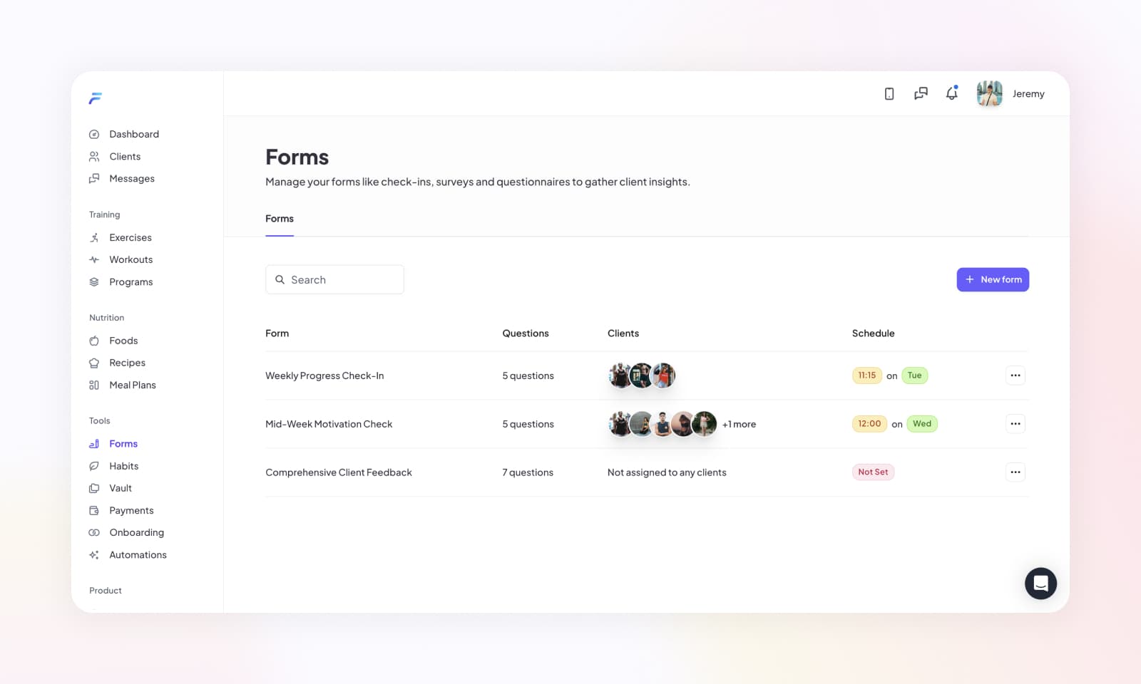 A list of check-in forms