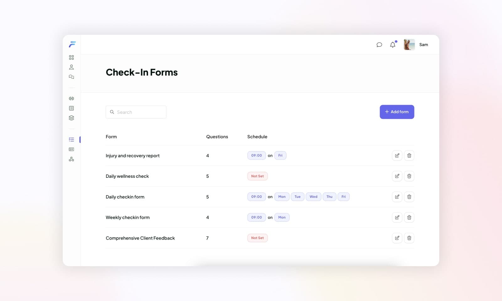A list of check-in forms