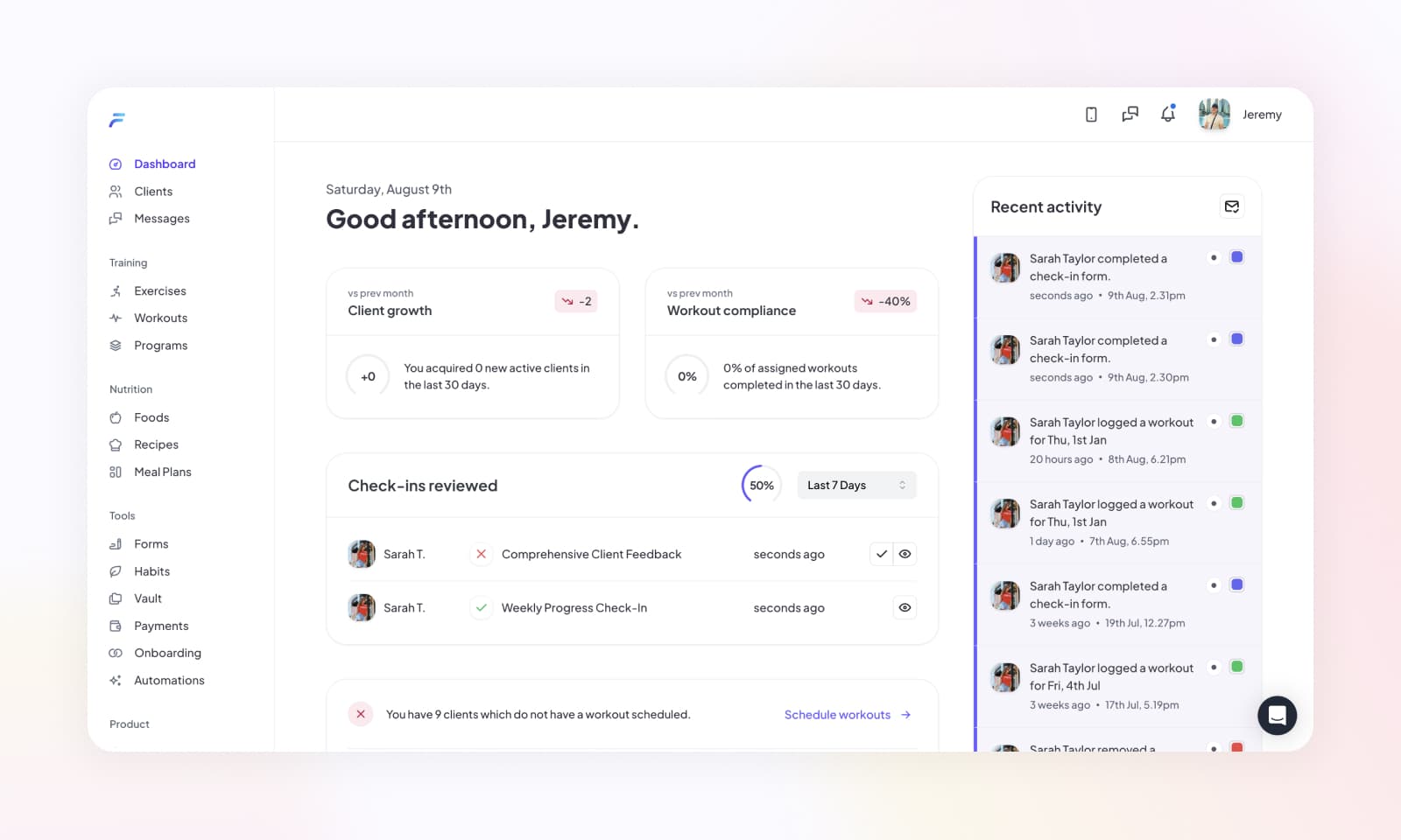 Recent check-ins which have been submitted on the dashboard