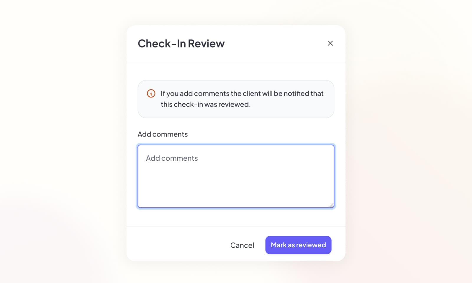 Reviewing a check-in form submission from the dashboard