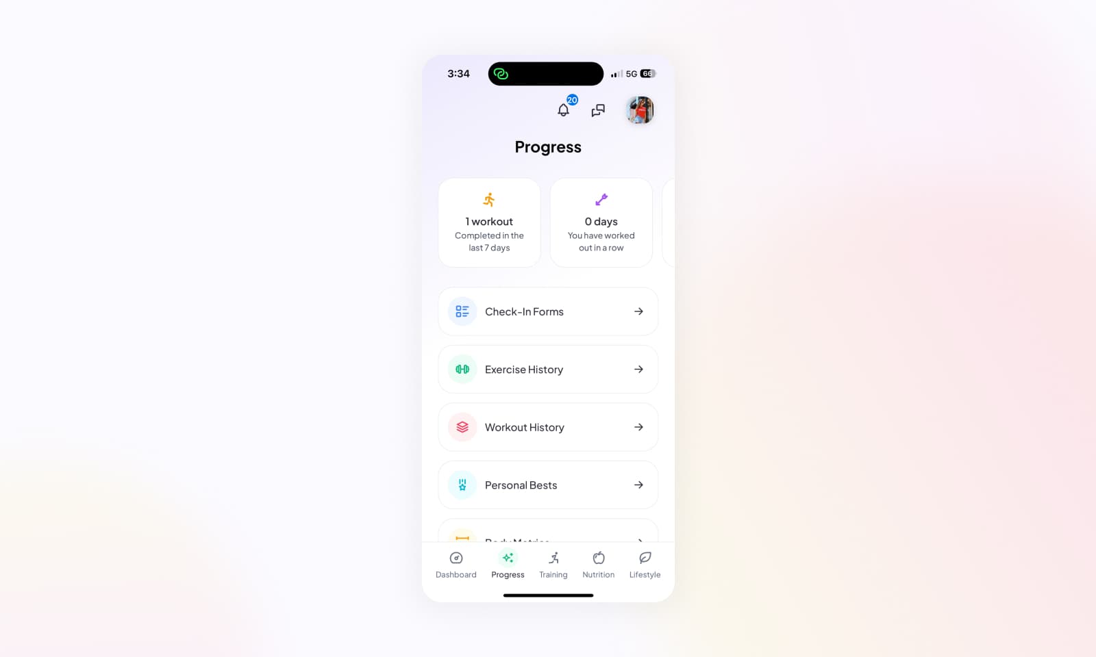 Viewing the progress page within the client app