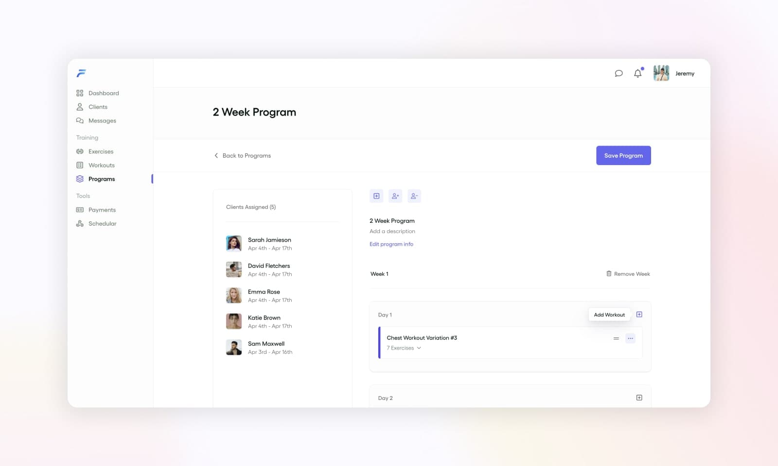 Adding a workout to a day for a program