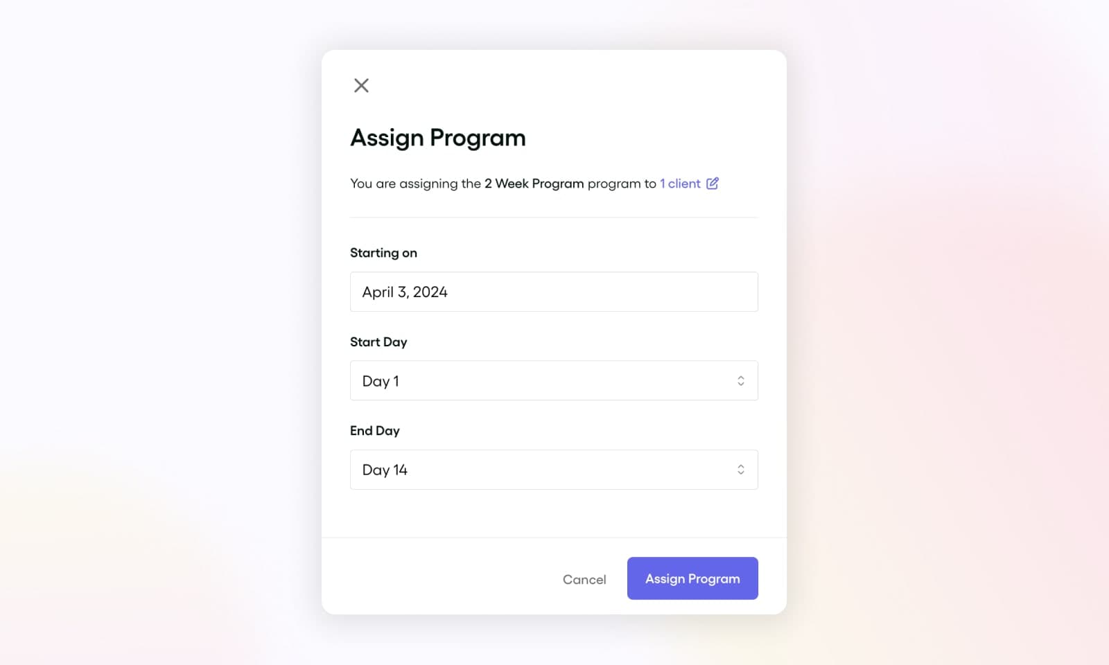 Assigning a program of multiple workouts to a client