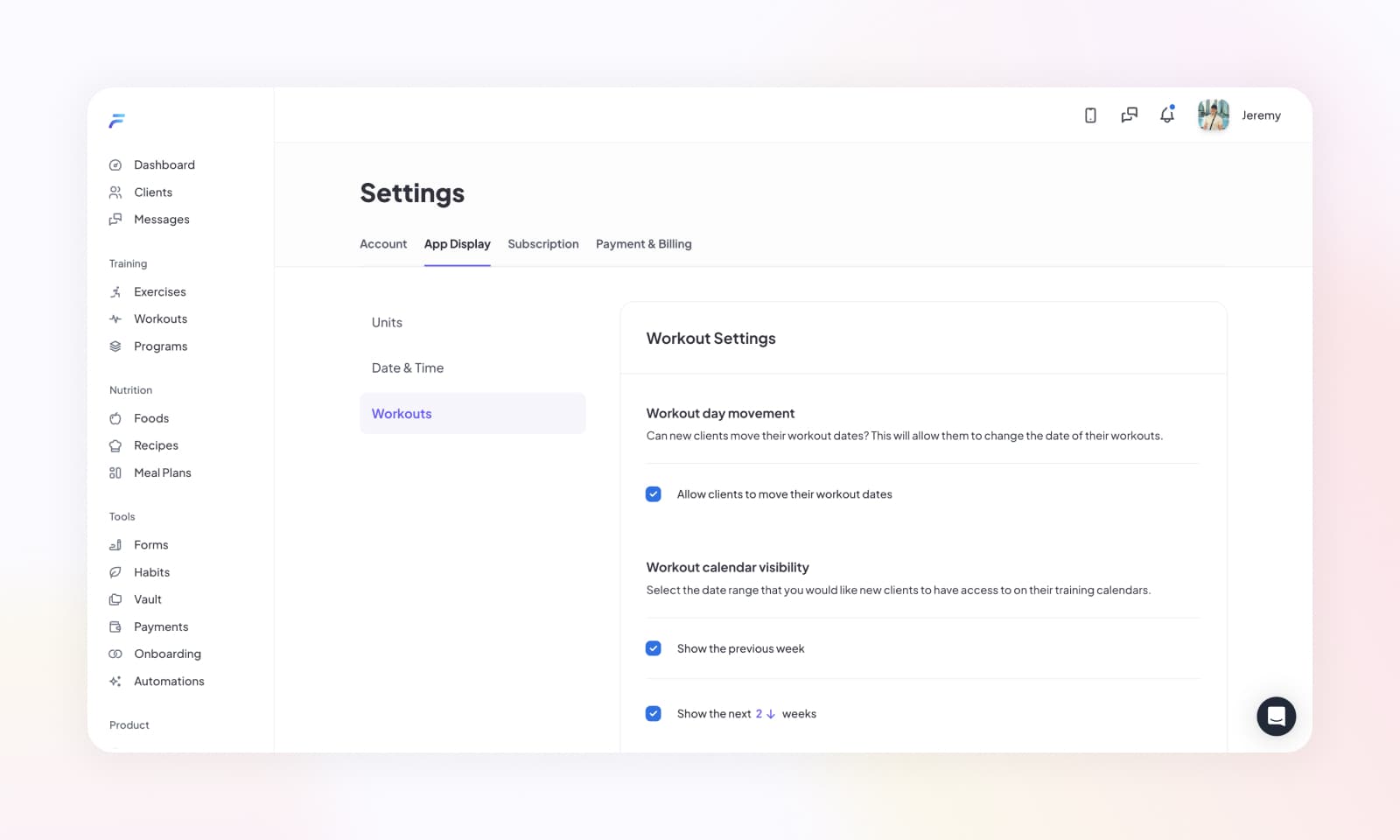 Updating the default workout settings