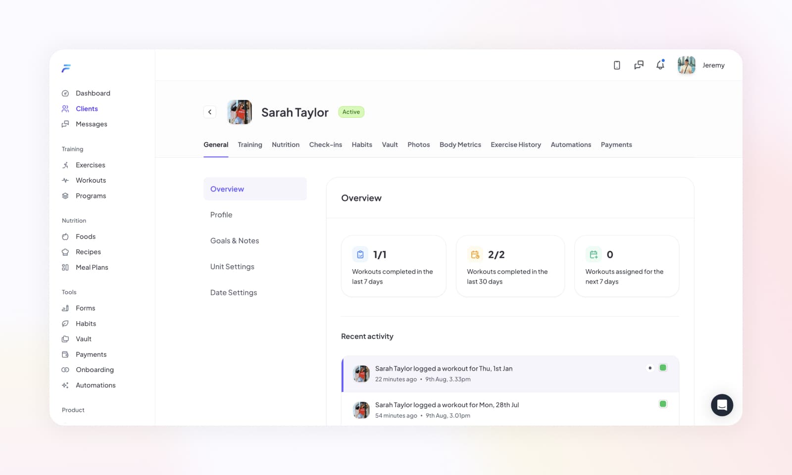 The client Overview panel
