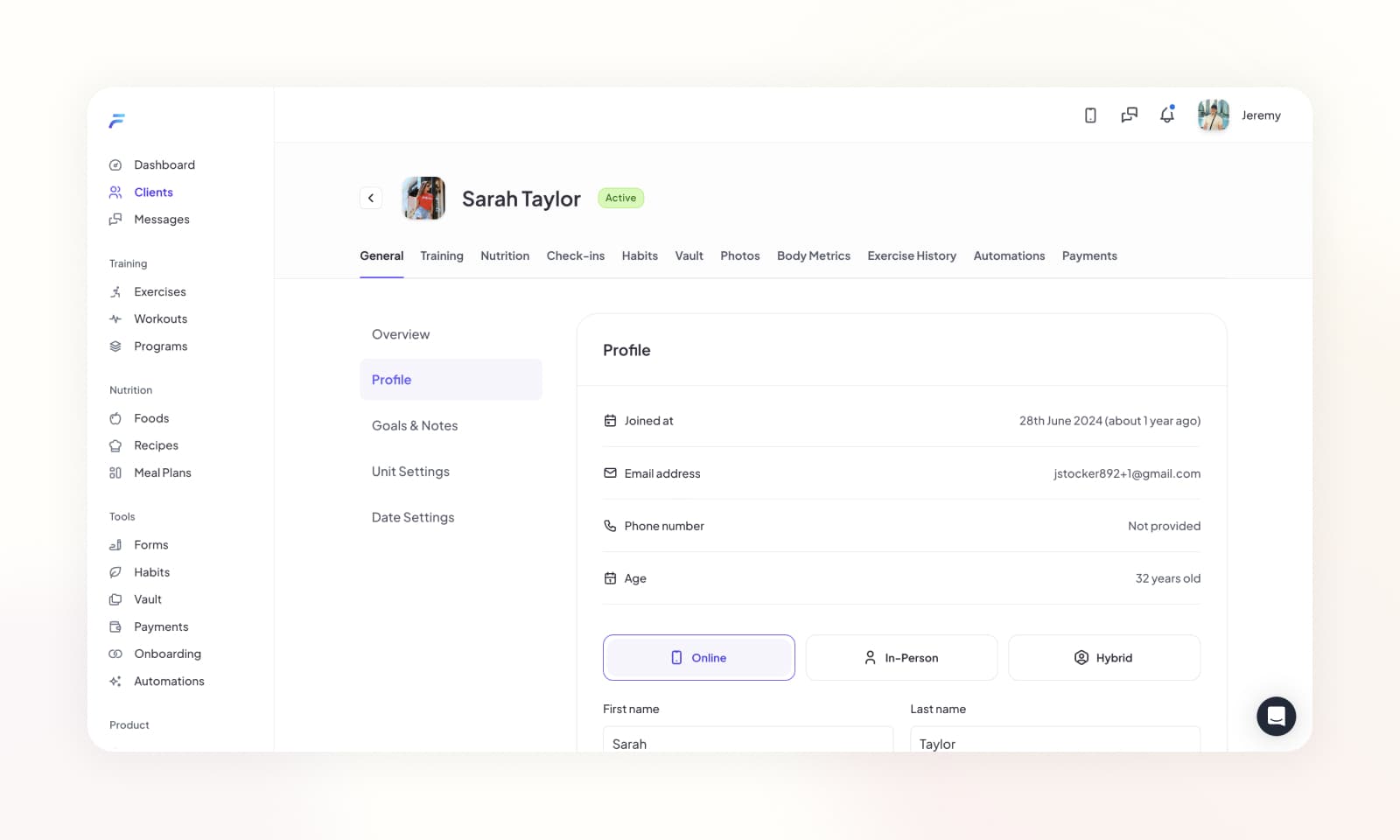 The client Profile panel