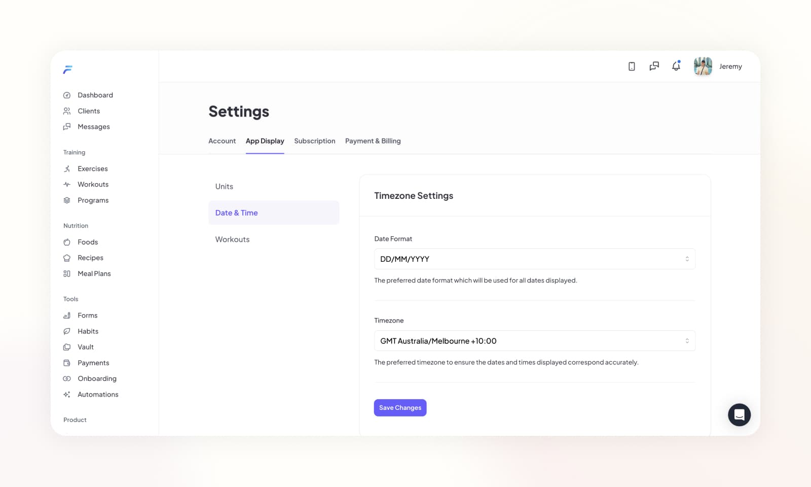 Updating the default date & time settings