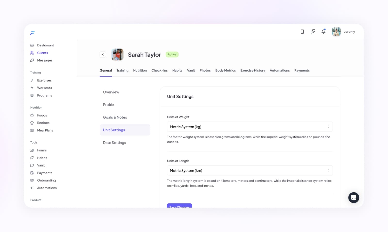 Updating settings for a specific client