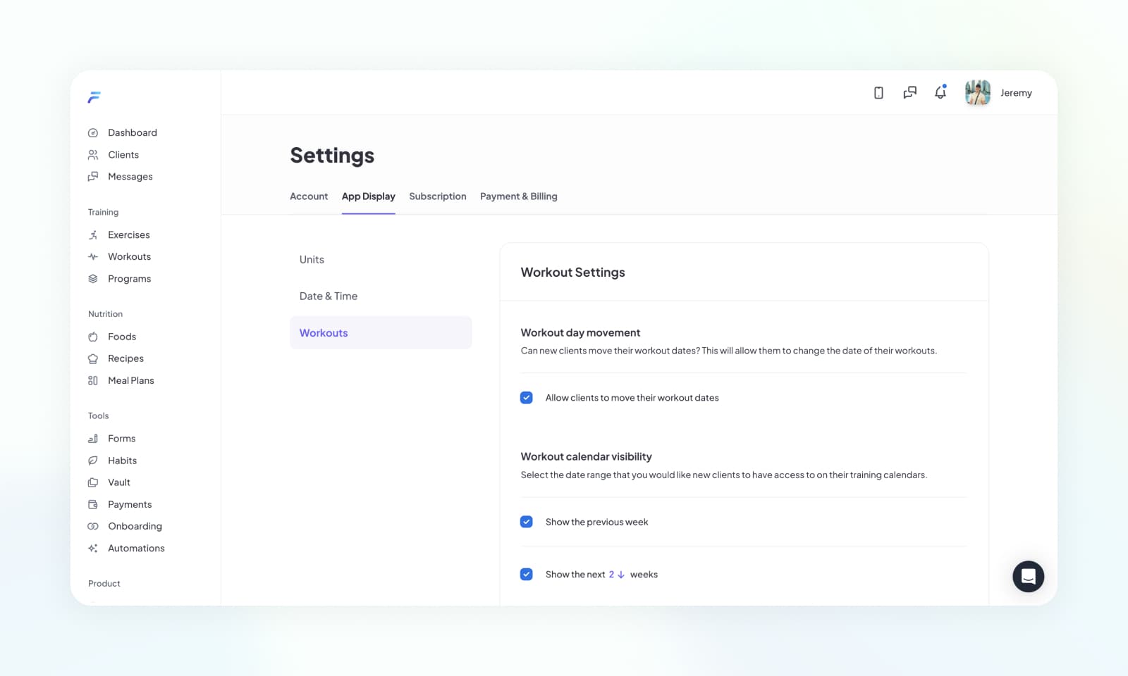 Updating the default workout settings