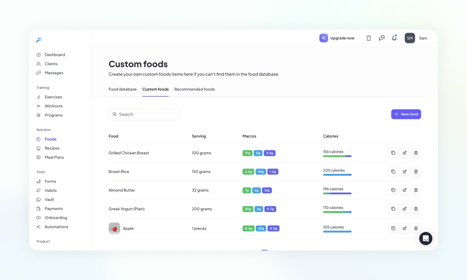 Shows a list of custom food items