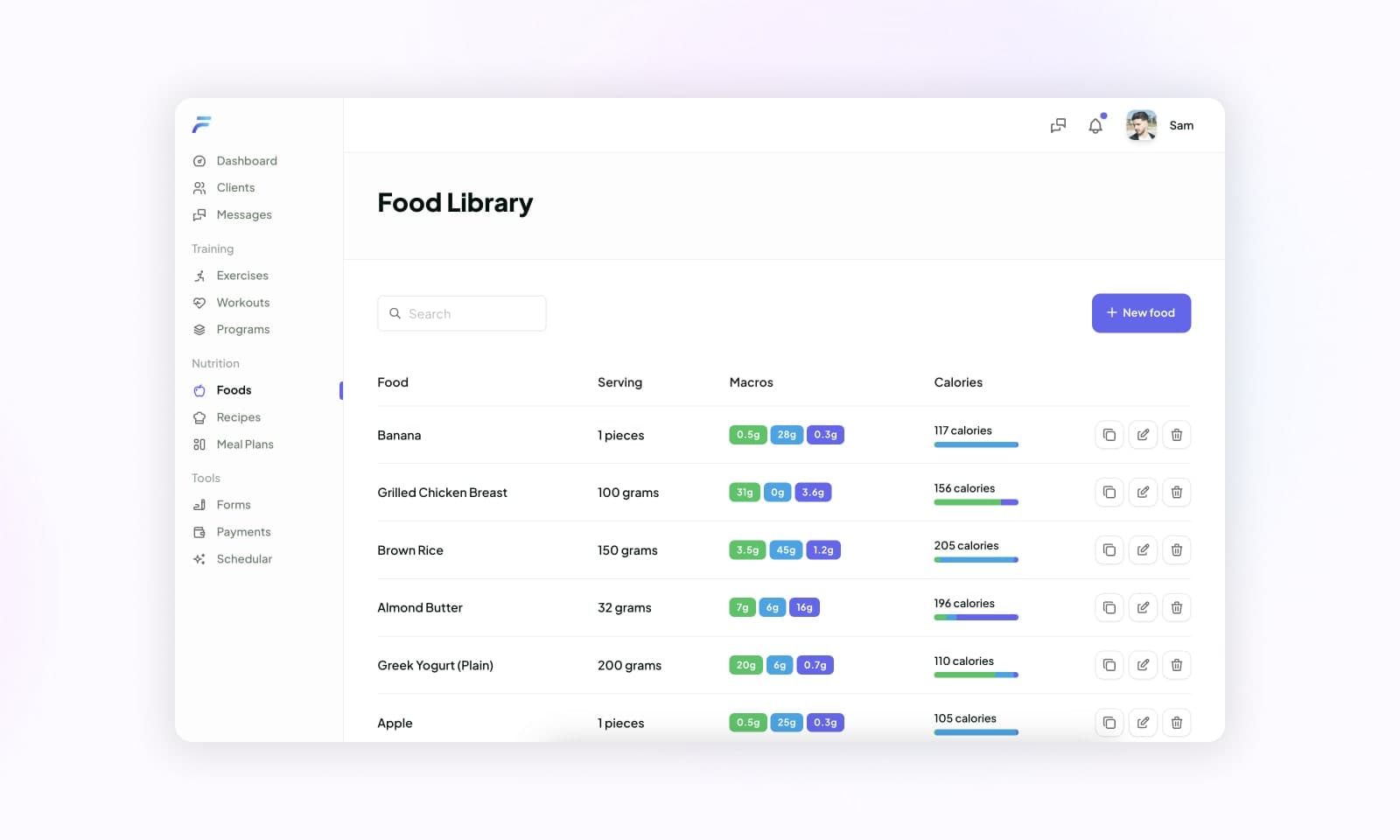 Shows a list of custom food items