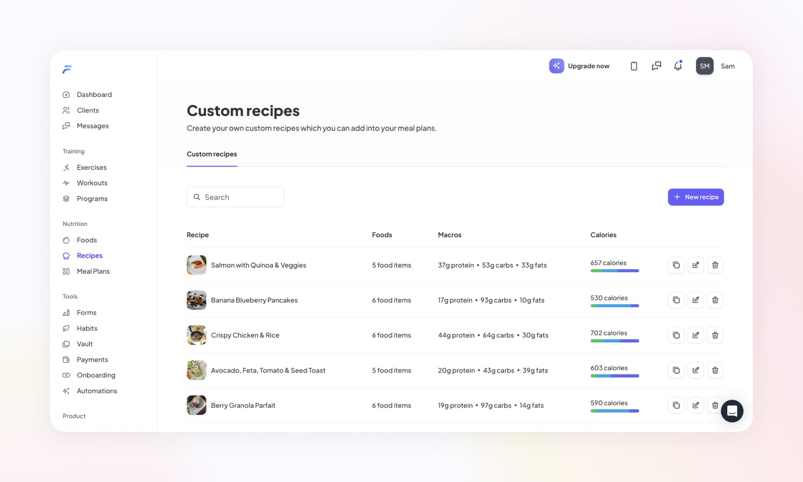 Viewing a list of recipes