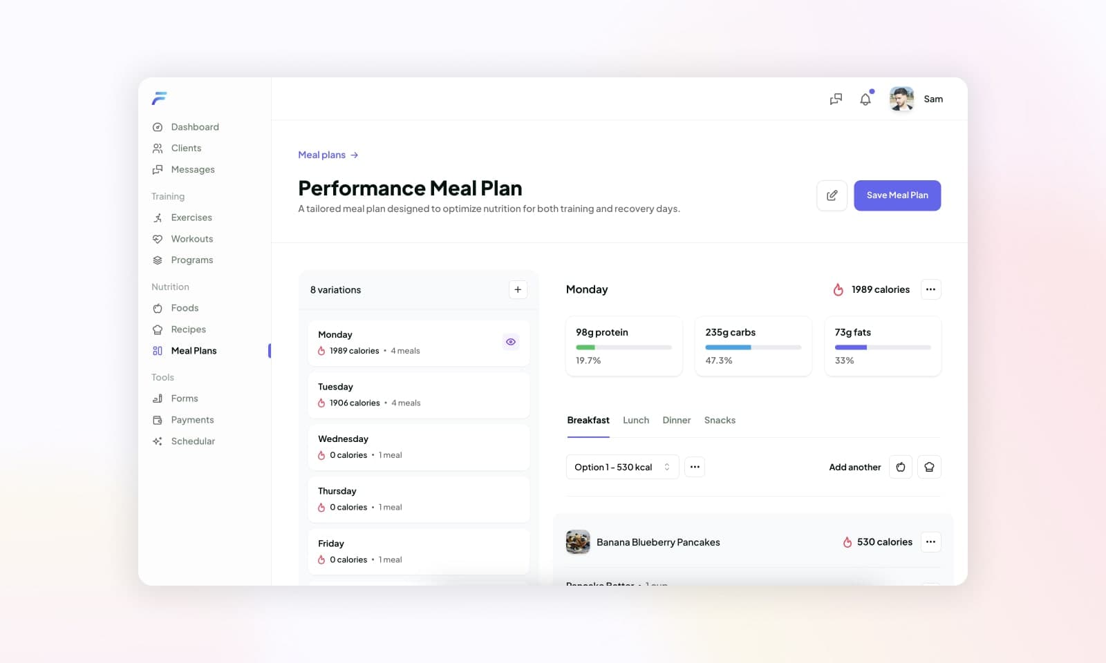 Showing a meal plan with several day variations
