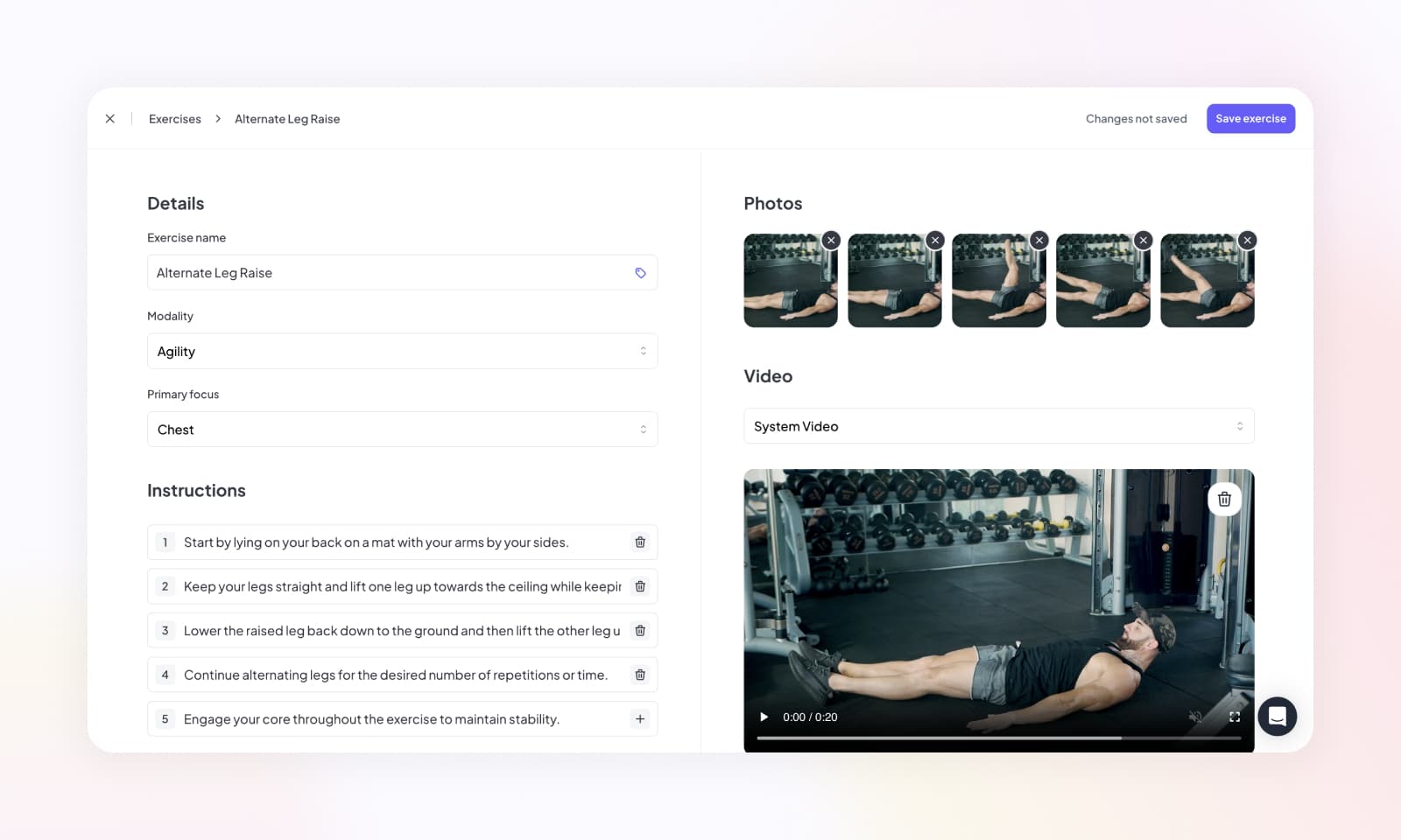 Editing an exercises instructions & video URL