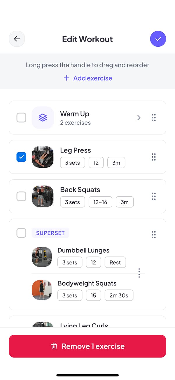 Edit workout screen