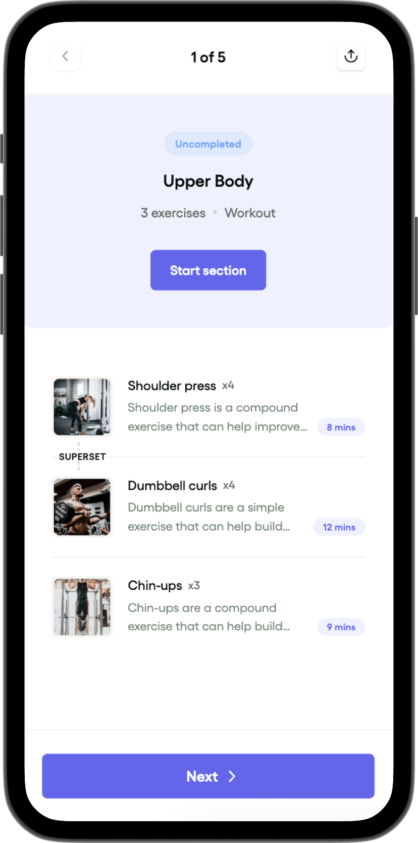 Workout builder section types