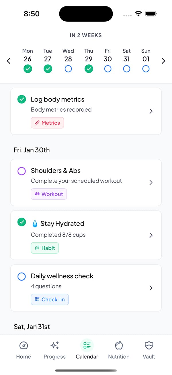 Client workout calendar