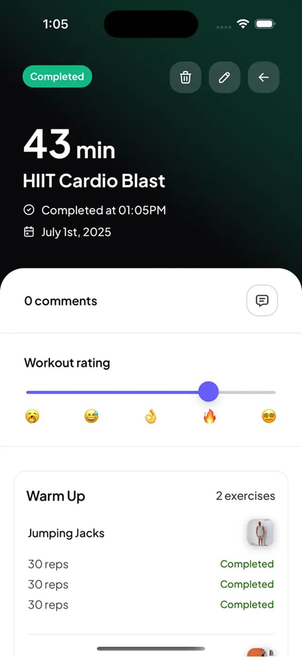Workout completion summary
