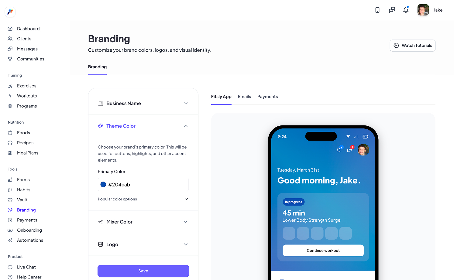 Fitsly custom branding dashboard