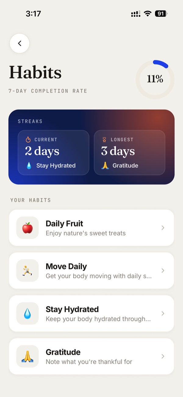 Habits and streaks in the Fitsly client app