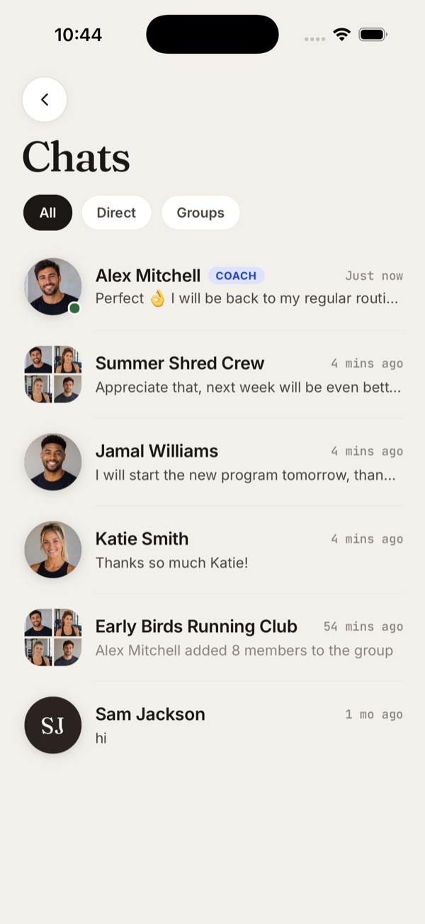 Client chats list with the coach conversation and unread badges