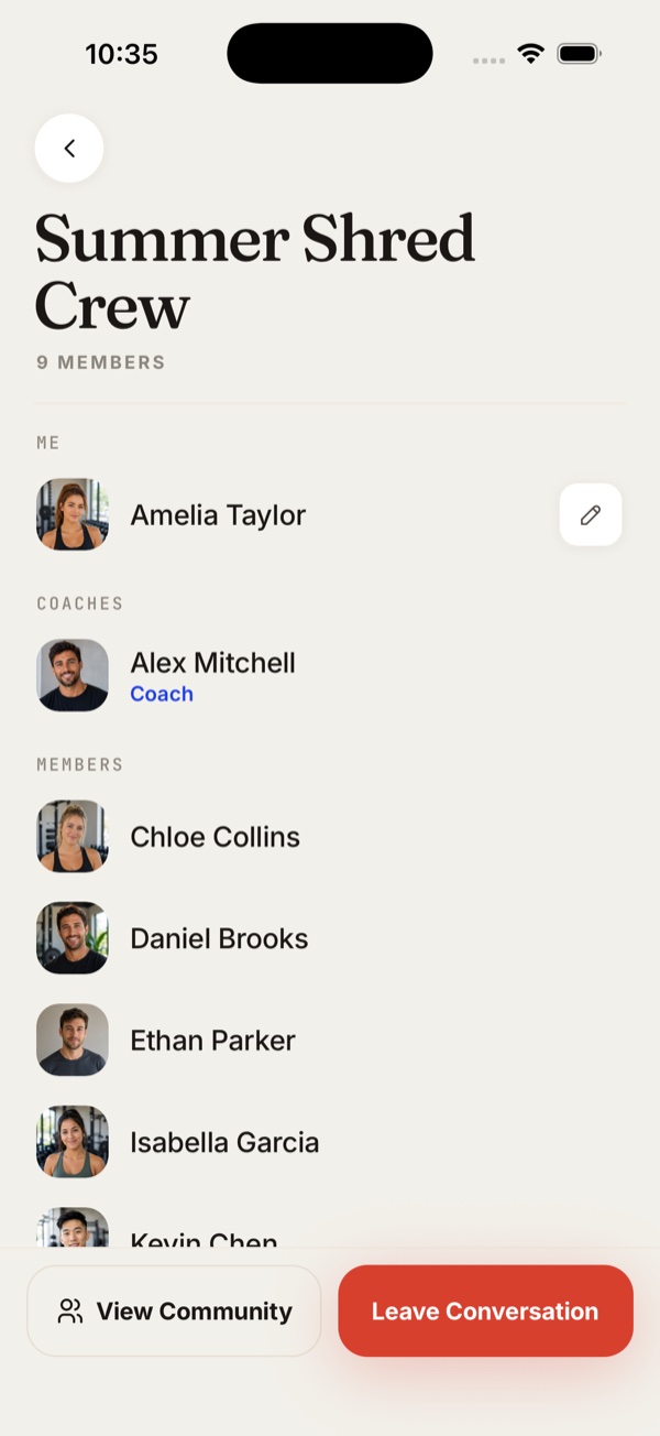 Group chat members list in the Fitsly client app