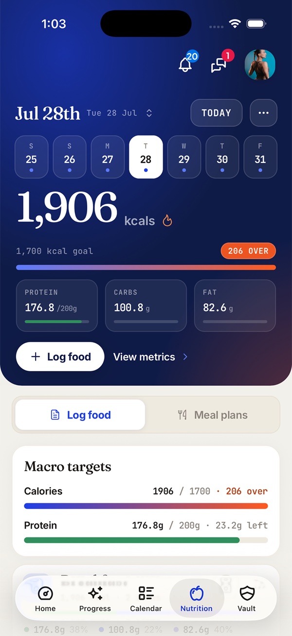 Log food tab with macro targets and meal cards in the Fitsly client app