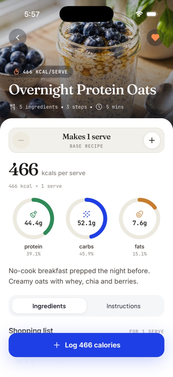 Recipe detail in the Fitsly client app