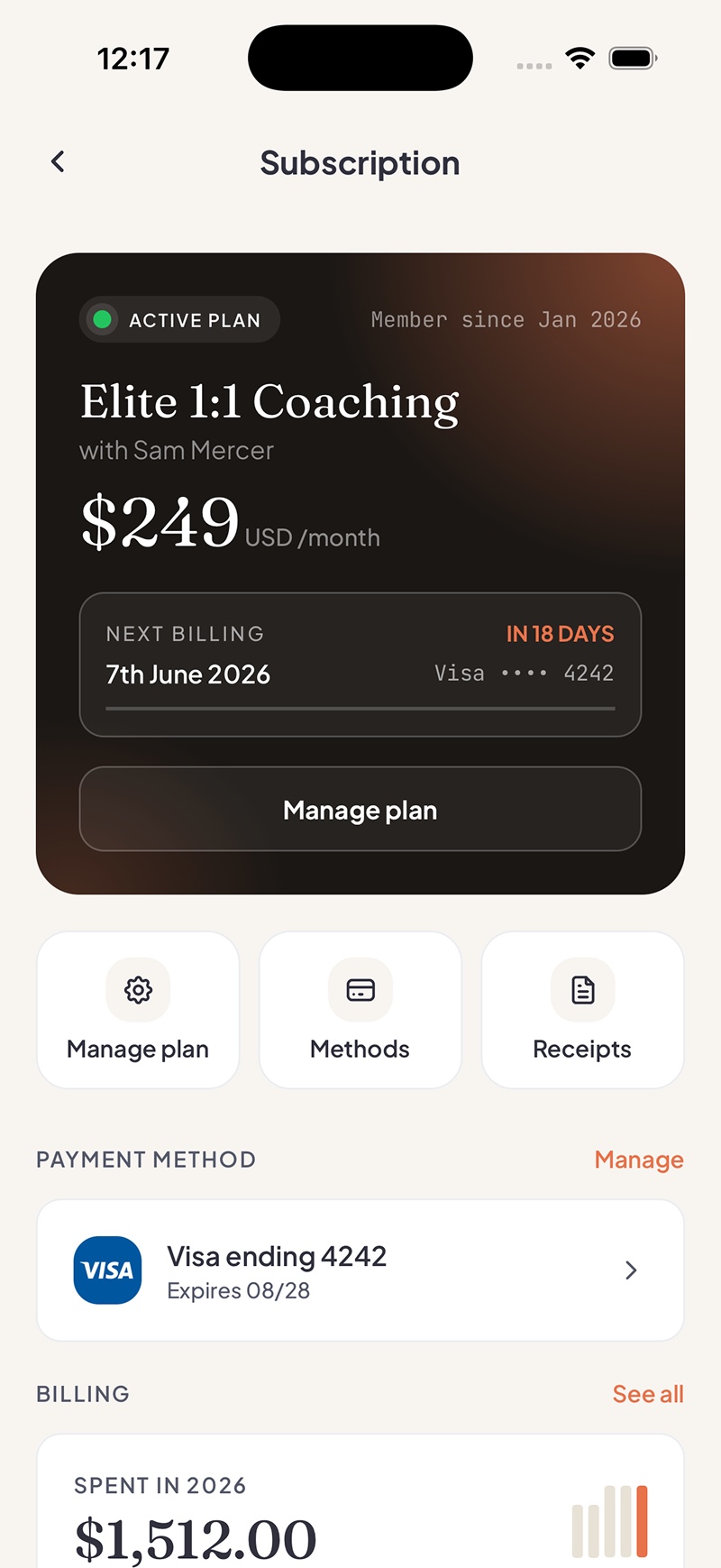A client’s plan and billing in the Fitsly app