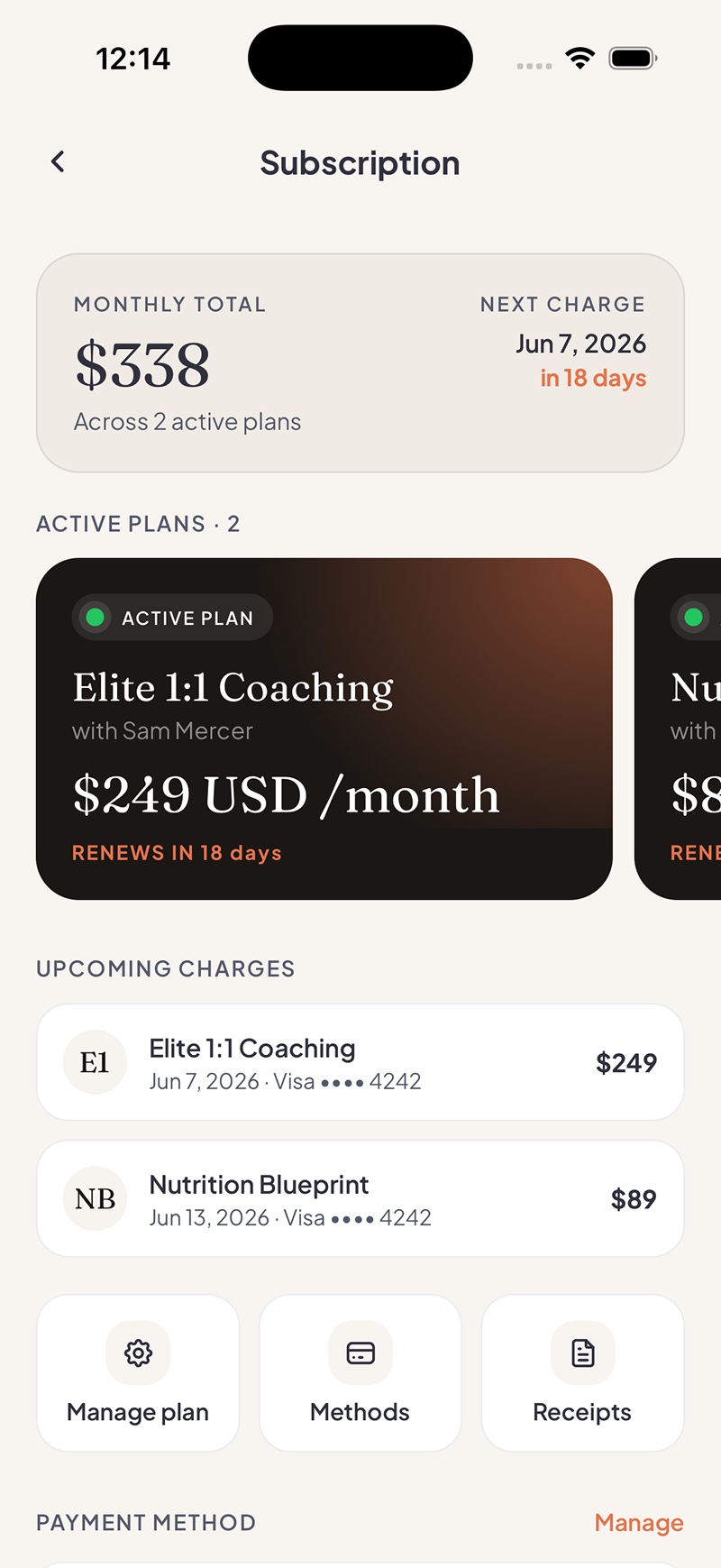 A client’s subscription in the Fitsly app