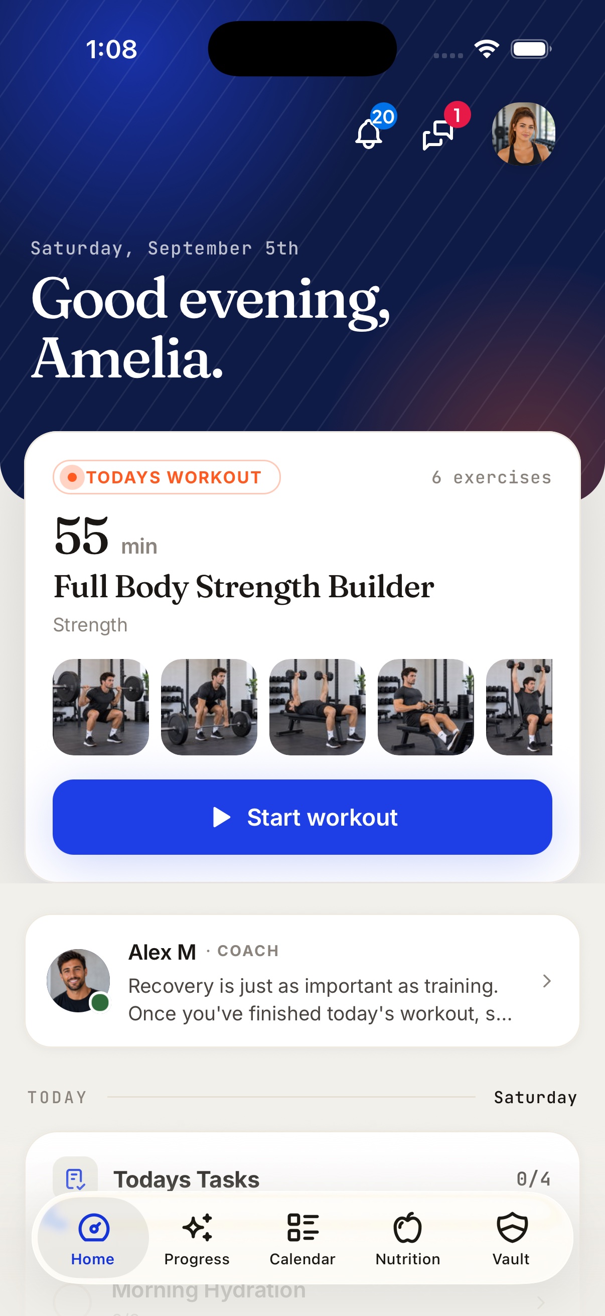 Client home screen in the Fitsly app