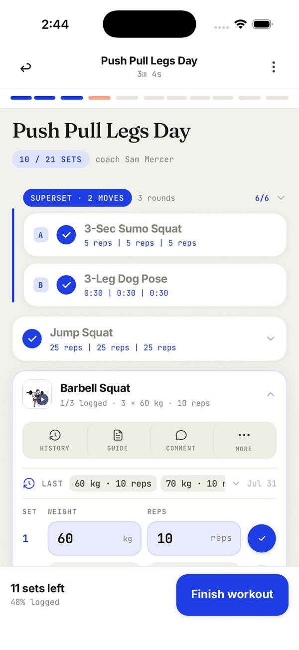 Logging a workout in the Fitsly client app