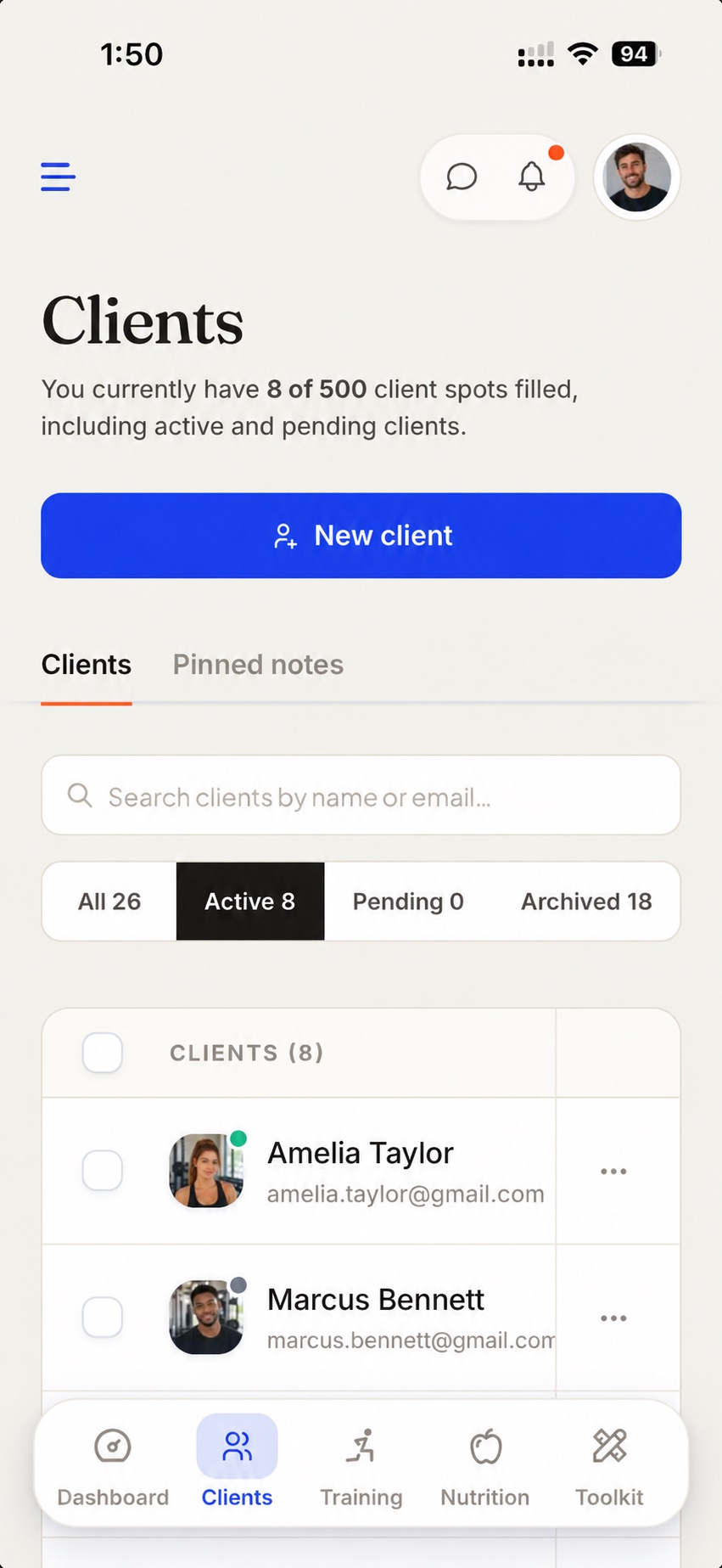 Client list in the Fitsly coach app